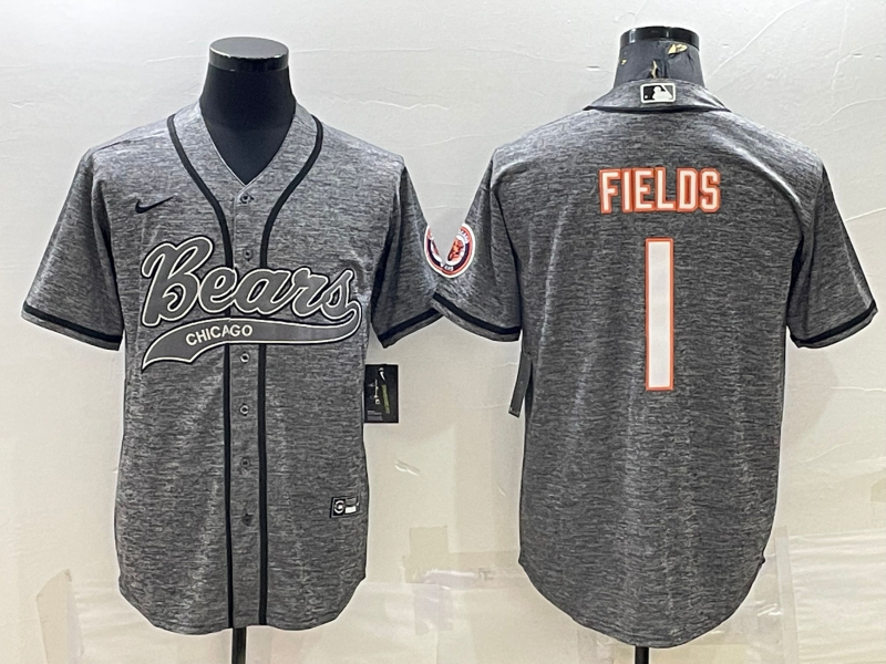 Men's Grey Chicago Bears #1 Justin Fields With Patch Cool Base Stitched Baseball Jersey
